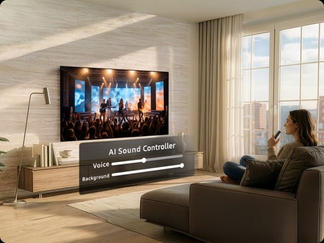 Televisor Samsung con el menú del Controlador de Sonido AI en pantalla, en una sala iluminada