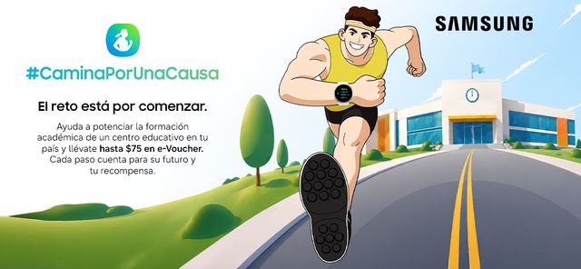 Ilustración del reto #CaminaPorUnaCausa de Samsung Health, con un corredor frente a una escuela