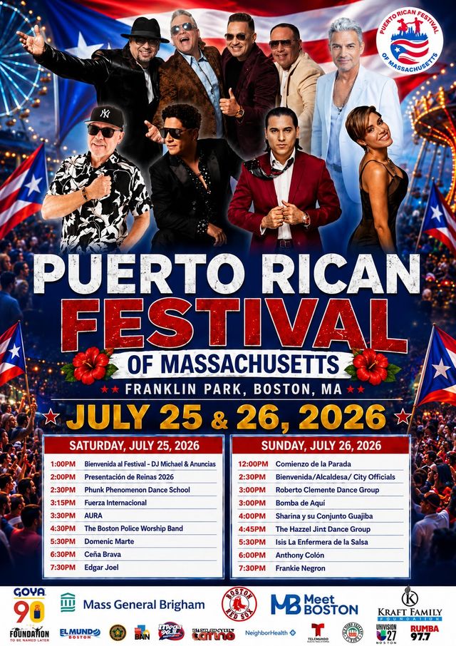 Afiche del Puerto Rican Festival of Massachusetts 2026 con los artistas del cartel