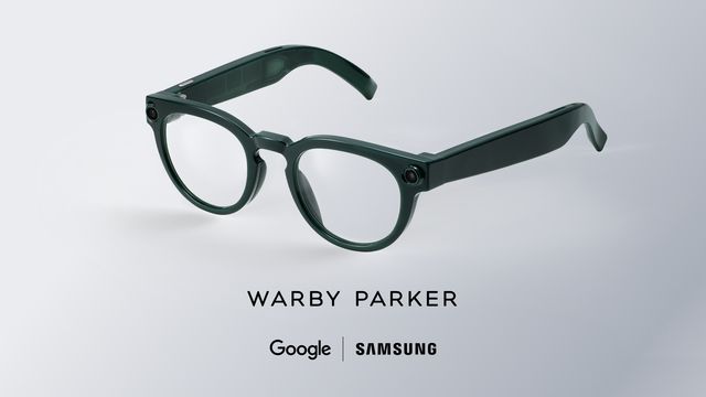 Gafas inteligentes de Samsung y Google con diseño de Warby Parker, de montura redonda verde oscuro