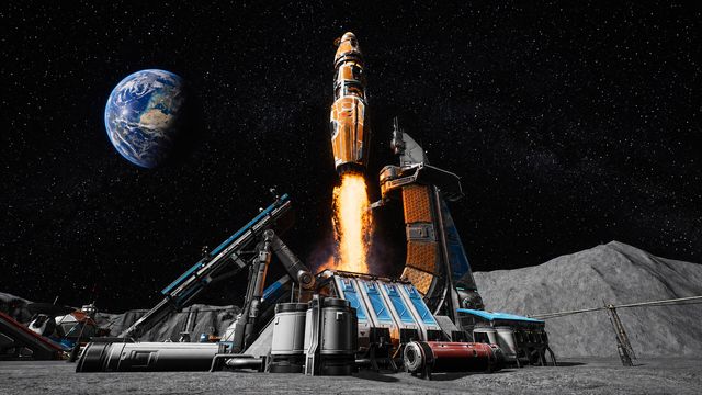 Un cohete despega desde una base lunar con la Tierra al fondo en The Crust