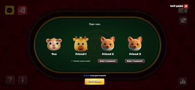 Sala de jugadores de 7haven con cuatro avatares de animales