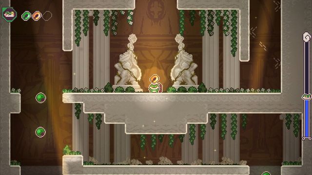 El sapo protagonista de Frog Knight entre columnas y estatuas en un templo pixelado