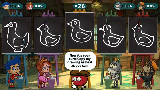 Reto de dibujo con cuatro personajes frente a caballetes en Educational Family Games