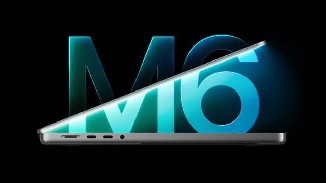 MacBook Pro de 14 pulgadas entreabierta frente a las letras M6 iluminadas