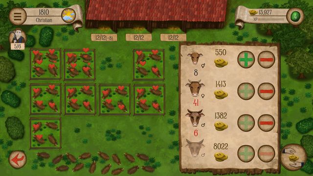 Pantalla de gestión de campos y ganado de Agricola – The King's Farmer