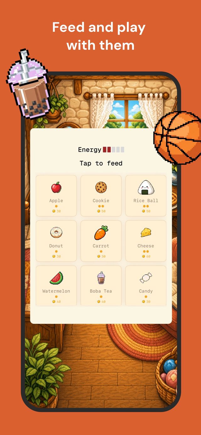 Pantalla de Waddle World con el menú de comida para alimentar a la mascota