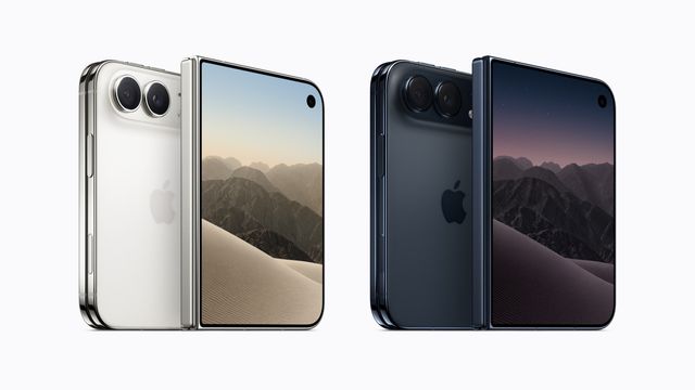 Dos iPhone Duo entreabiertos, uno en blanco estrella y otro en azul noche, con la pantalla interior encendida