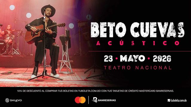 Afiche de Beto Cuevas Acústico: el cantante con guitarra acústica en tarima y la fecha del 23 de mayo de 2026 en el Teatro Nacional