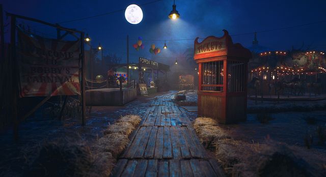 Pasarela de madera de una feria abandonada de noche, bajo la luna, en DYST