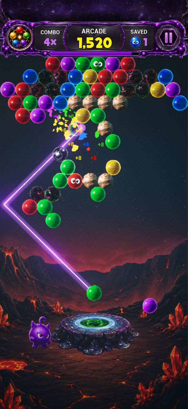 Potenciadores y combos en el nivel del volcán de Snibix: Precision Pop