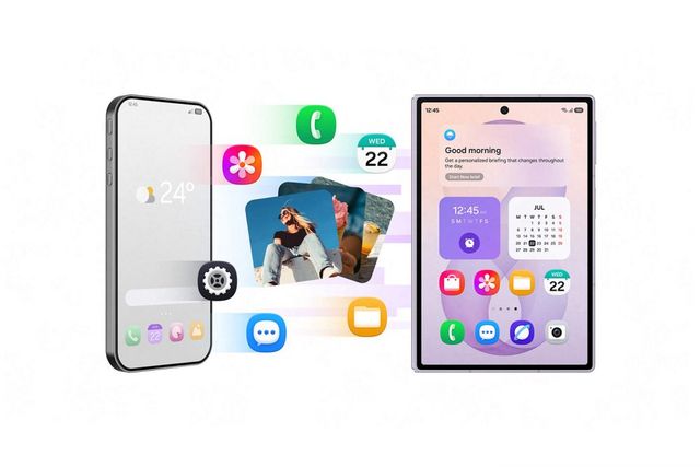Ilustración de la transferencia de fotos, contactos y mensajes a un Galaxy plegable