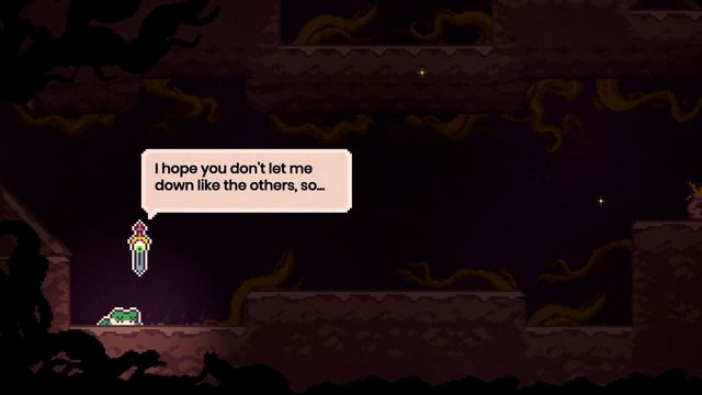La espada parlante habla con el pequeño sapo dentro del pozo maldito de Frog Knight