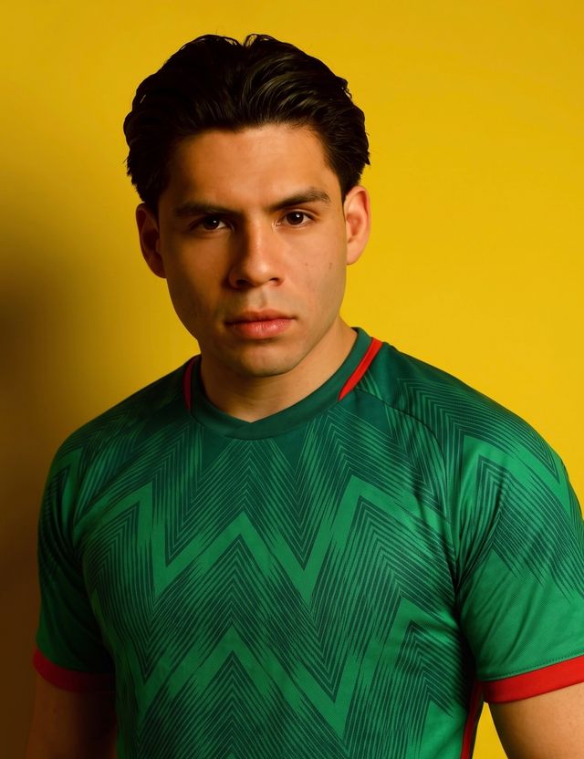 Joshua León con camiseta verde de la selección mexicana sobre fondo amarillo