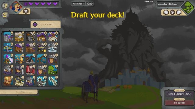 Pantalla para armar el mazo en Possessed Kingdom, con un caballero frente a un castillo oscuro