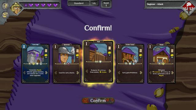 Pantalla de Possessed Kingdom con cinco cartas de edificios y soldados para confirmar la jugada