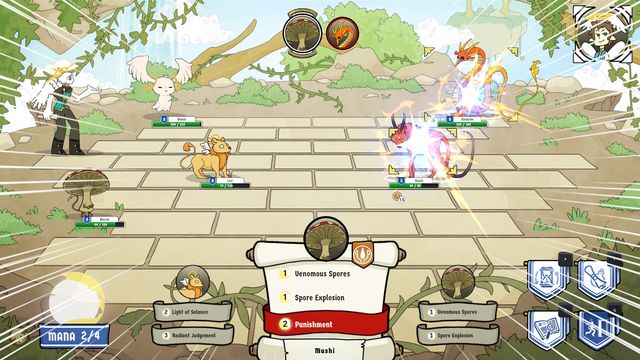 Combate por turnos de tres contra tres entre criaturas Noris en un patio de piedra