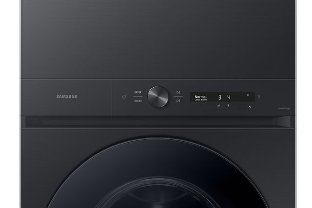 Lavasecadora Samsung en color negro, vista frontal del panel de control