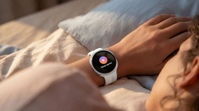 Una mujer duerme con un Galaxy Watch9 en la muñeca que muestra la función de apnea del sueño