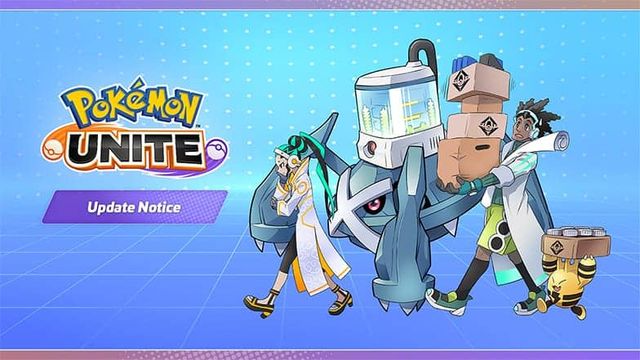 Imagen oficial de Pokémon Unite con Metagross y dos personajes del juego cargando cajas