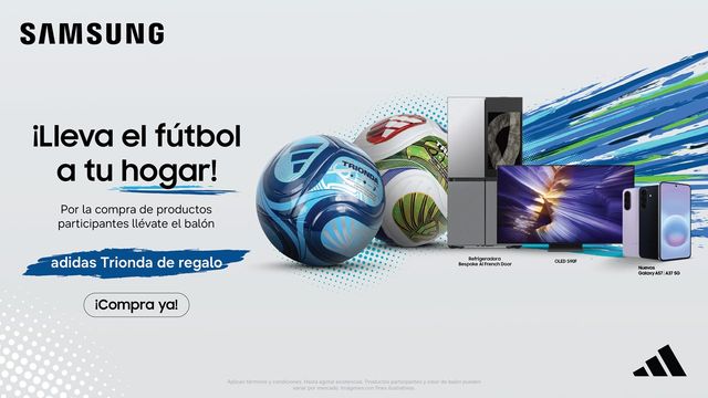 Afiche de la promoción de Samsung y adidas «¡Lleva el fútbol a tu hogar!» con productos Samsung y balones