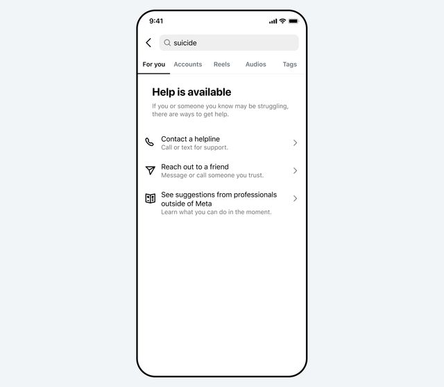 Pantalla de búsqueda de una app de Meta que muestra el mensaje «Help is available» con opciones para llamar a una línea de ayuda o escribir a un amigo