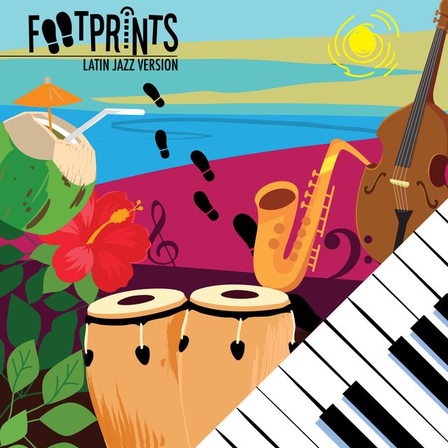 Portada de «Footprints (Latin Jazz Version)» con congas, saxofón, contrabajo, teclas de piano y un coco frente al mar