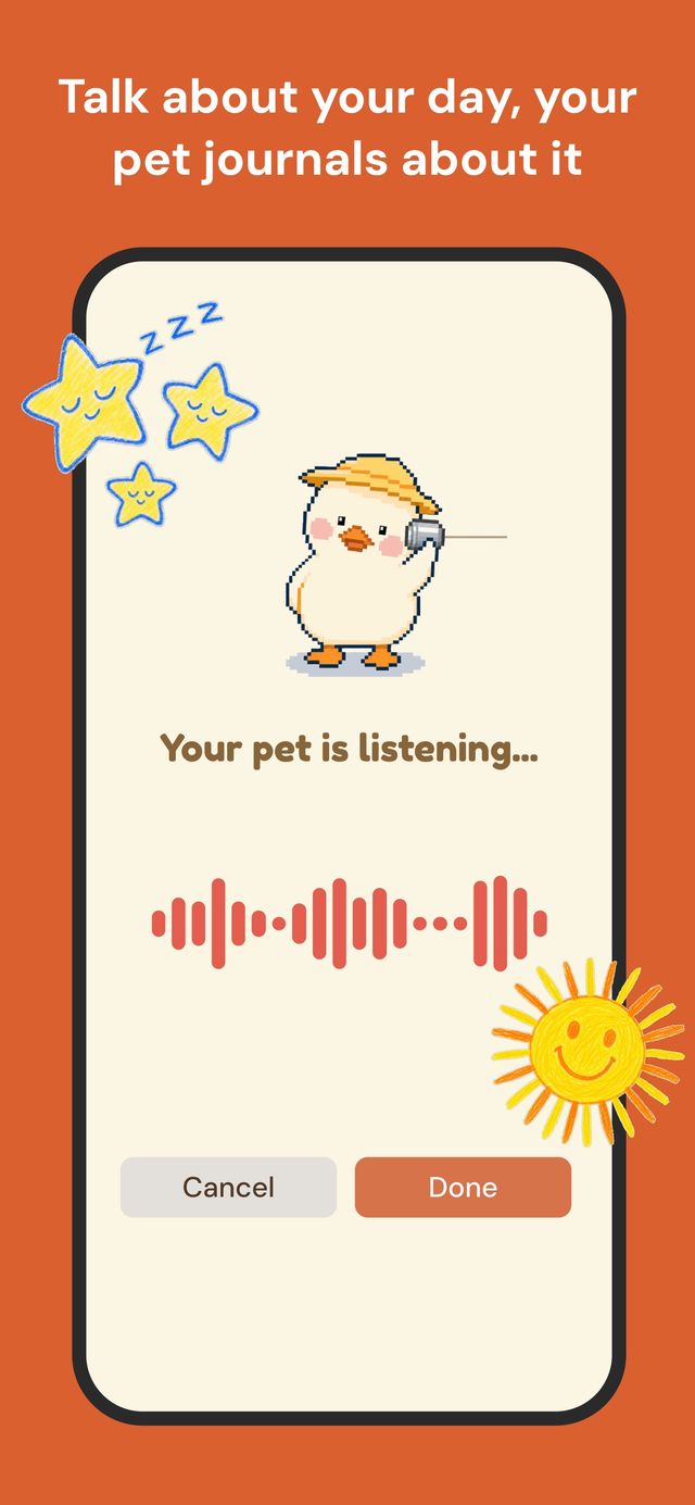 Pantalla de Waddle World con el patito pixelado escuchando el relato del día del usuario