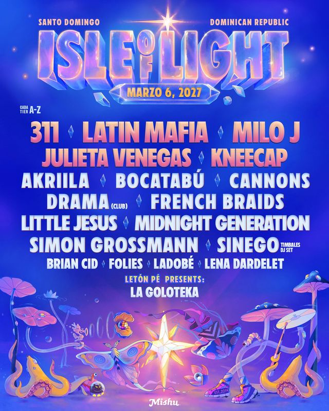 Afiche oficial del Isle of Light 2027 con la fecha del 6 de marzo y los nombres del cartel