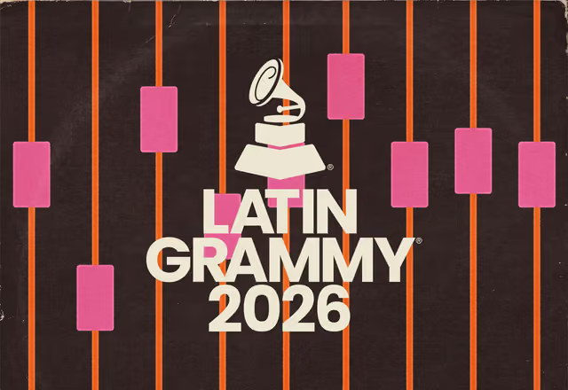 Arte oficial de los Latin Grammy 2026 con el gramófono y franjas naranjas y rosadas sobre fondo negro