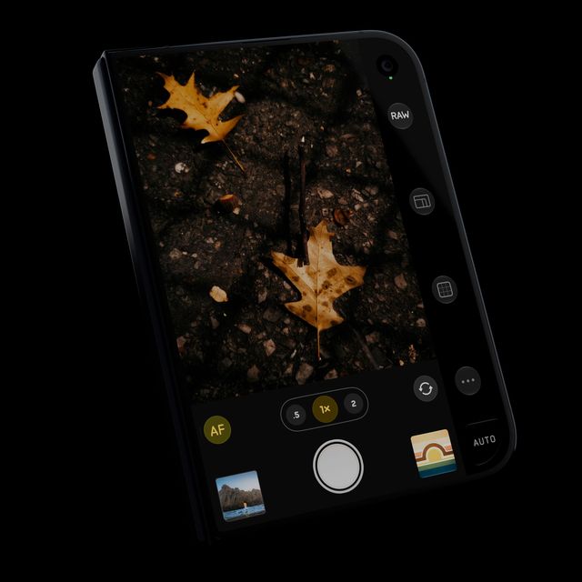 Halide en el iPhone Duo cerrado, con los controles en una barra lateral junto al visor